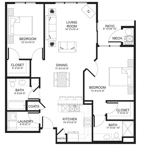 Floor plan for 2 beds, 2 baths, 1133 sqft